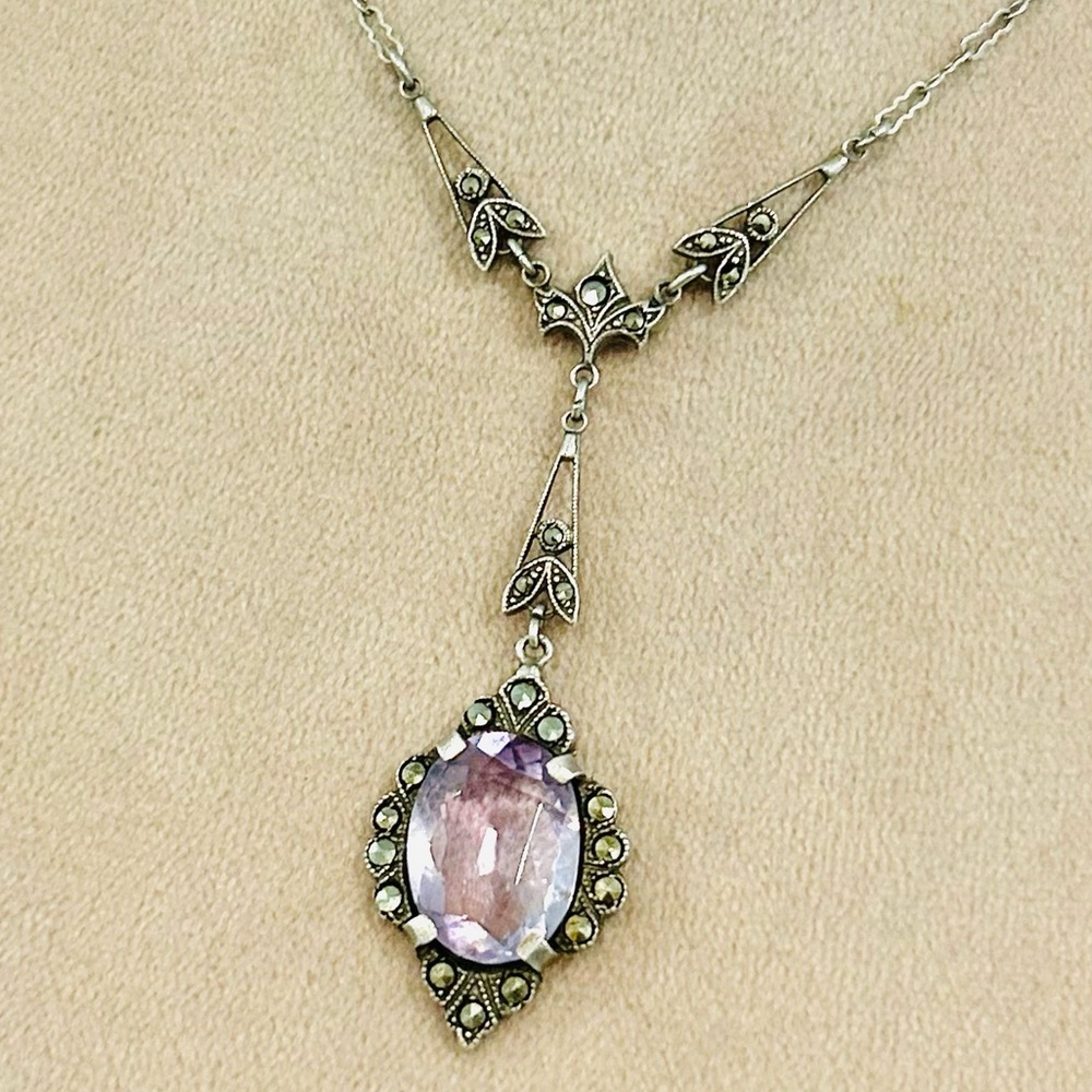 Vintage Marcasite & Amethyst Sterling Silver 925 Art Deco Gatsby Necklace - Picture 3 of 9